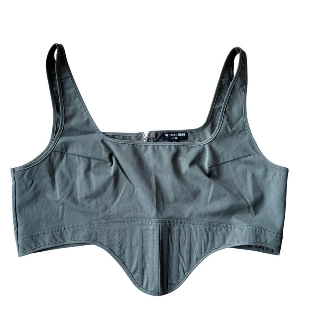 PLT Olive Green Structured Dip Hem Cargo Crop Corset Bustier Sz 14 Y2K Utility - Picture 2 of 14